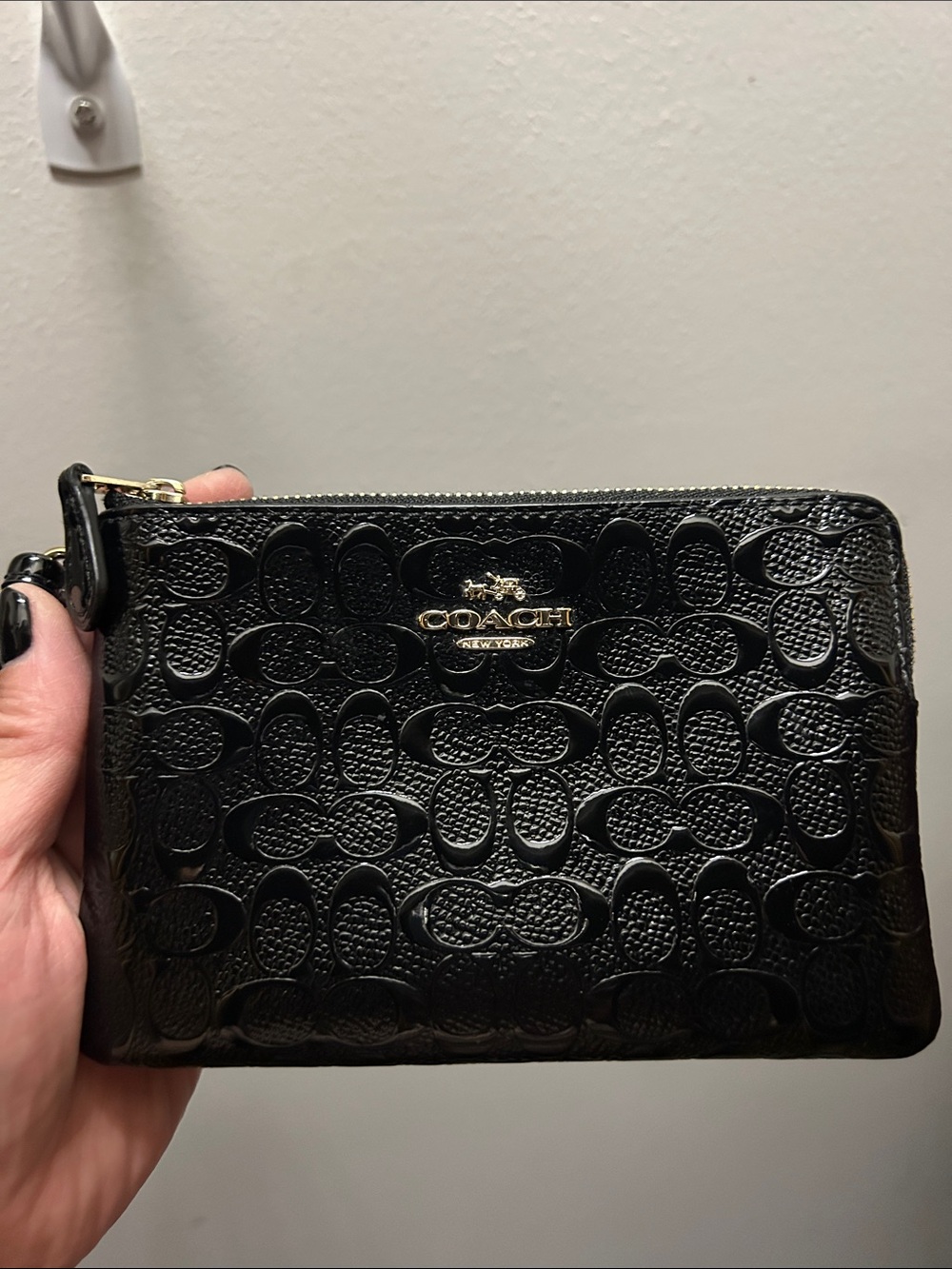 Coach Black Patent Signature Wristlet with Gold Logo